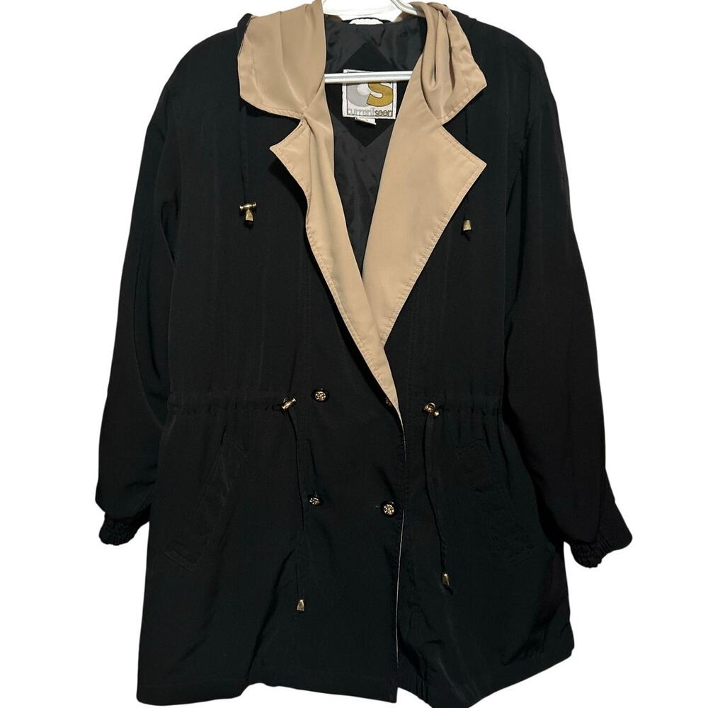 CS Current Seed Women 's Black Tan‎ Button Front Hooded Windbreaker Size L